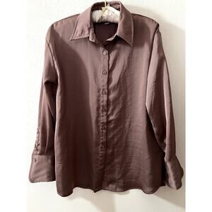 A New Day Maroon Satin Button-Down Shirt - Size XS - Burgundy Long Sleeve Blouse